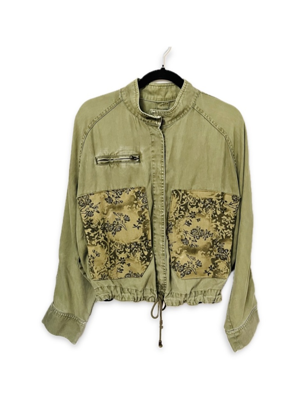 Anthropologie Carolyn Utility Jacket Olive Green Floral Upcycled Pockets Cropped